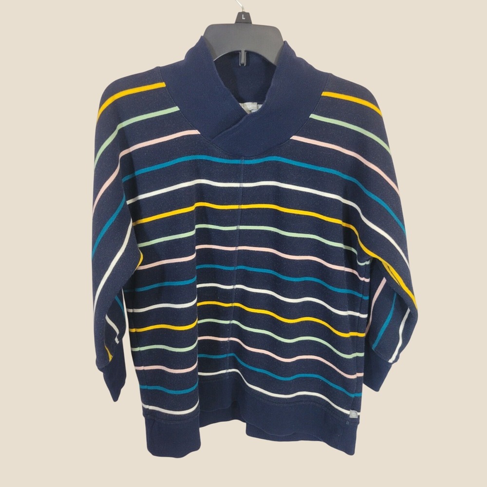 T by Talbots Sweatshirt Shawl Collar Striped Pullover Nautical Preppy Navy LP